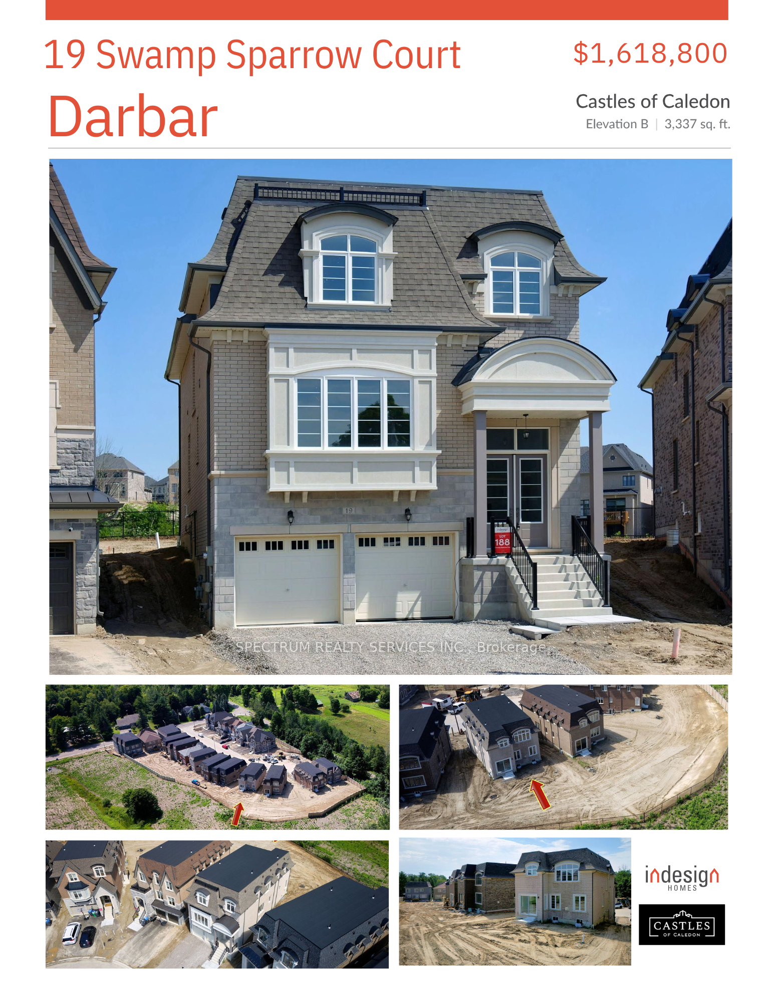 Front exterior view of 19 Swamp Sparrow Court, a three-story detached home in Castles of Caledon. Includes aerial views of the street, surrounding homes under construction, and lot positioning