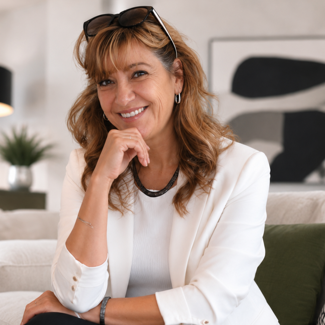 Giosetta Belperio, a professional Realtor in Ontario, sitting on outdoor steps while on a phone call, smiling warmly. She is wearing a brown sweater, green pants, and yellow shoes, reflecting her approachable and professional style.
